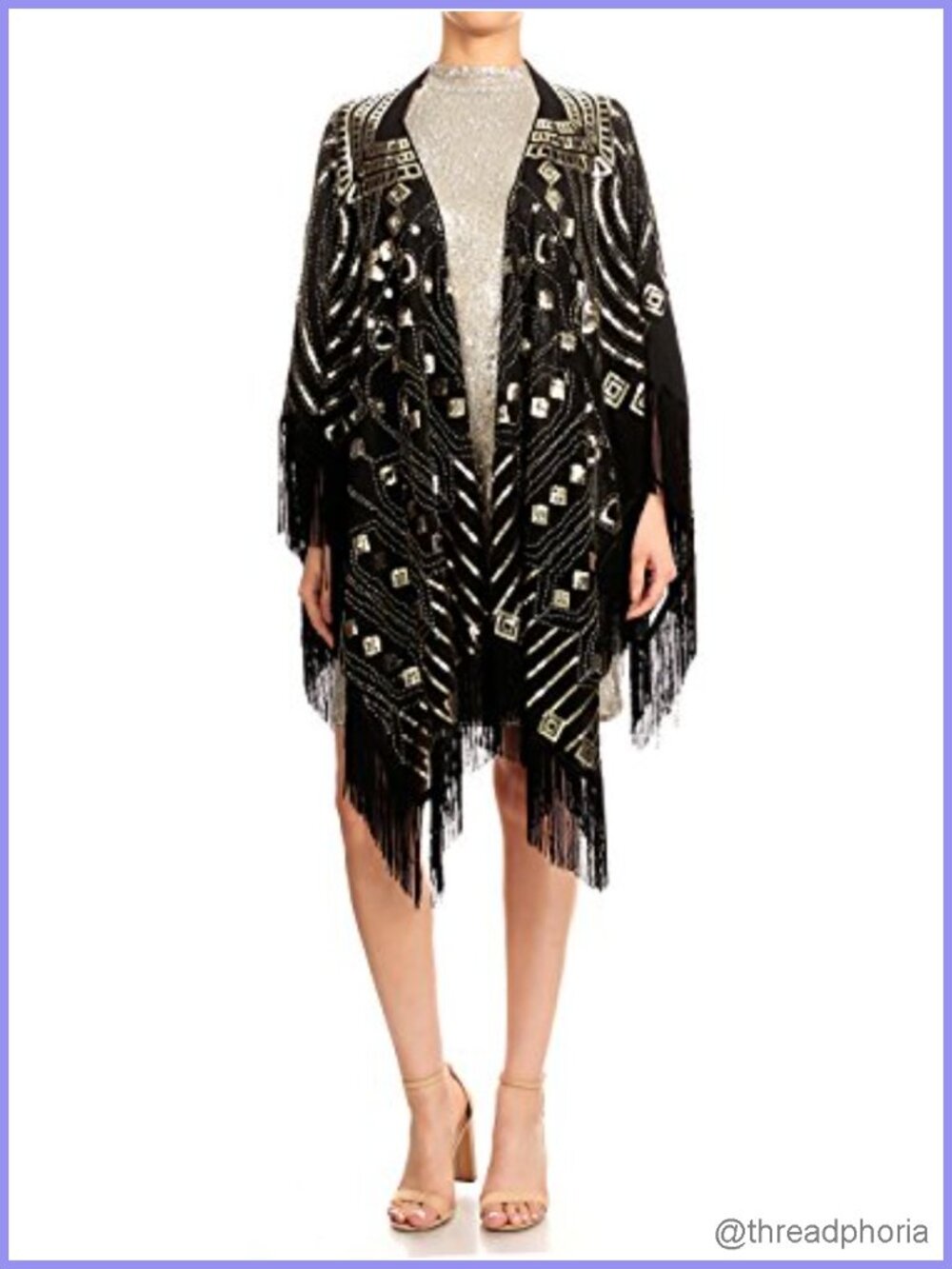 Oversized Hand Beaded Fringed Sequin Evening Shawl Wrap Black Gold